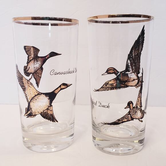 Set of 2 Vintage Galaxy Game Bird Ducks 22K Gold Rim Drinking Glasses 12 oz MCM - Picture 1 of 12